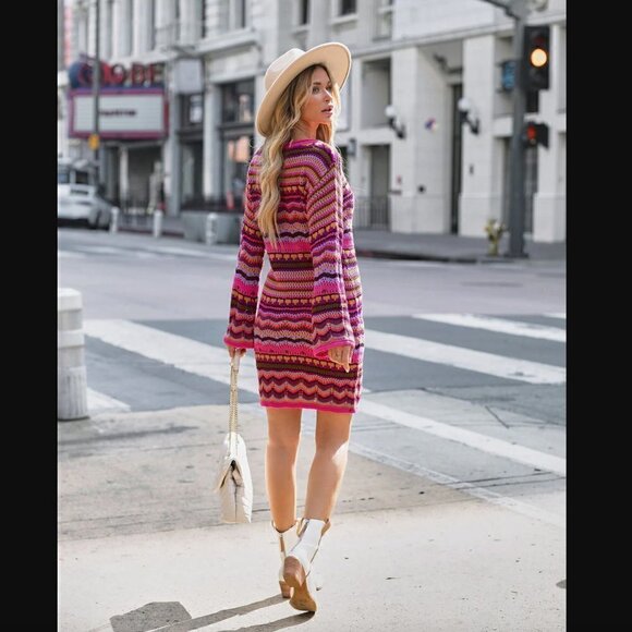 VICI Free The Roses L NWT Crochet Knit Multi Colored Dress Fuchsia Multi Long - Picture 12 of 12